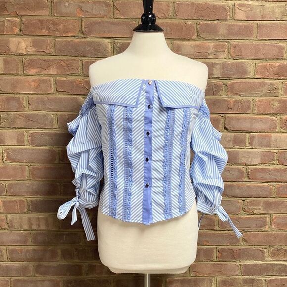 Blue & White Stripe Off The Shoulder Puff Sleeve Top Size Medium - Picture 2 of 6